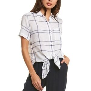 Theory Hekanina White and Blue Checkered Button-Down Tie Front Shirt